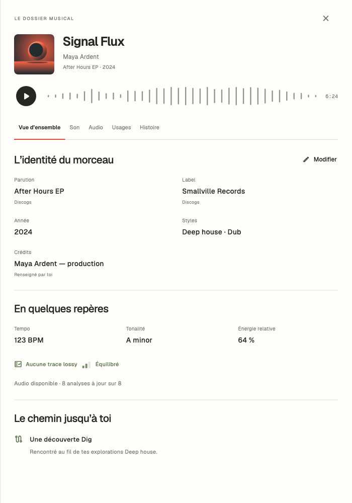 Fiche d’un morceau dans Deep Cut : résumé musical, waveform et détails organisés en onglets